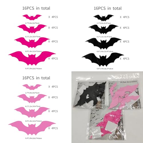 Pink & Black 3D Bat Wall Decor - 48pcs Halloween Wall Stickers - Style 4
