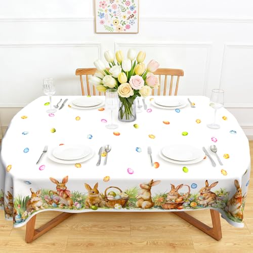 Roszwtit Spring Easter Bunny Oval Tablecloth 60x120 Inches - Waterproof & Durable, Spring Egg & Floral Design, Variations Available