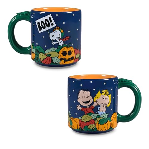 16 oz Peanuts Ceramic Mug with Great Pumpkin Scene - Fall Pumpkin Patch Coffee Cup - Linus, Sally & Snoopy