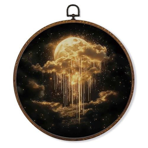 Dark Academia Moon Wall Art Decor - 10x10 Inch Round Canvas with Golden Moon & Cloud Design