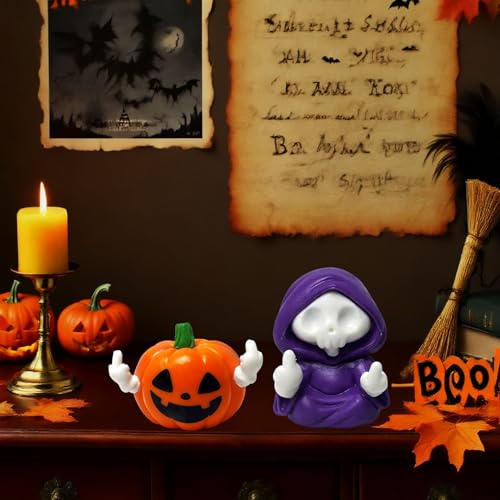 2PCS Halloween Pumpkin and Skeleton Figurines - Resin Skull Reaper Decor