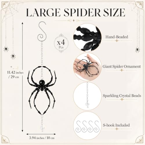 Large Black Halloween Crystal Spider Beaded Hanging Ornaments - Set of 4 with Hooks