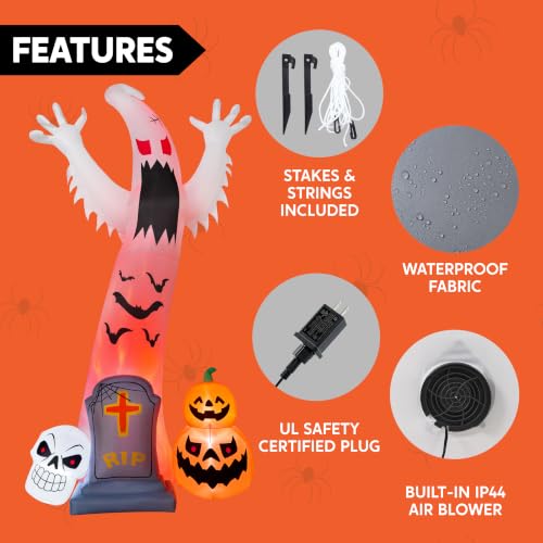 Giant 12FT Spooky Ghost Inflatable Halloween Decoration with Skull Tombstone & Colorful LED Lights - Red Variation