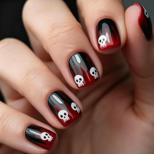 Halloween Short Square Fake Nails with Skull Glow in the Dark Design - Variation Hall04 (24Pcs)