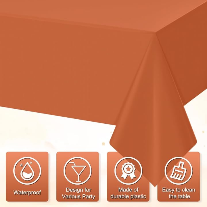 YIDAKO 12-Pack Orange Disposable Plastic Tablecloths for Rectangle Tables - Waterproof 54x108 Inches