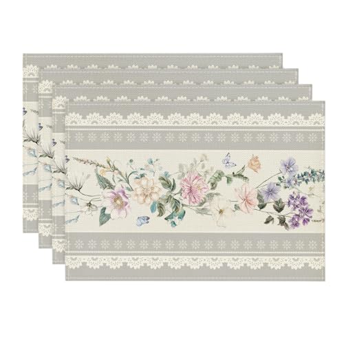 Rectangular 12 x 18 Inch Grey Floral Lace Placemats Set of 4 - Spring Summer Holiday Table Decor