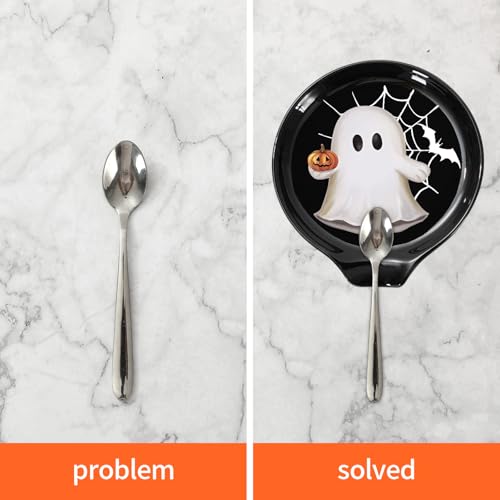 Halloween Ghost and Pumpkin Spoon Rest Set - Black White Orange Ceramic 2Pcs