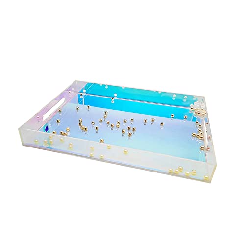 16 x 12 x 2.6-Inch Iridescent Acrylic Serving Tray with Handles Spill Proof