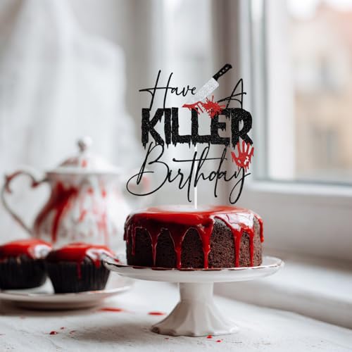 Halloween & Birthday Cake Topper with Glitter Skull Design - Killer Themed Party Decor