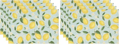Blue Lemon Flower Floral Placemats Set of 4 - 12x18 Inch Summer Table Decor