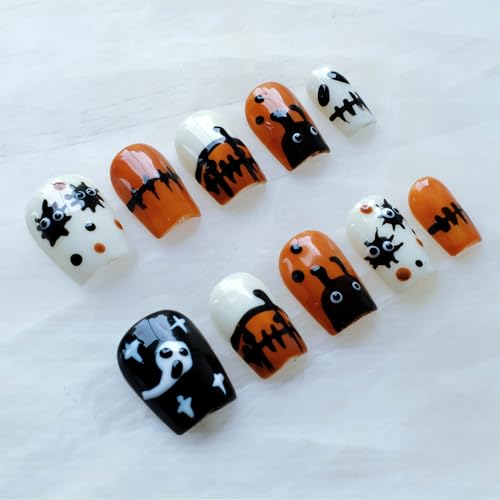 Halloween Press On Nails Short Square False Nails - Handmade Festive Orange Black M