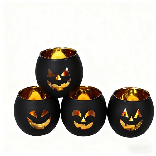 Halloween Candle Holder Set - Glass Votive Tealight Holders with Jack O Lantern Faces, 4 Pieces