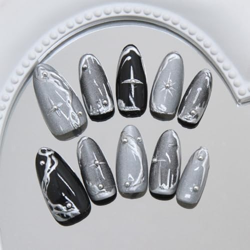 Gothic-3 Silver Press On Nails - Medium Almond Fake Nails, Reusable Black Glossy 3D Metal Art
