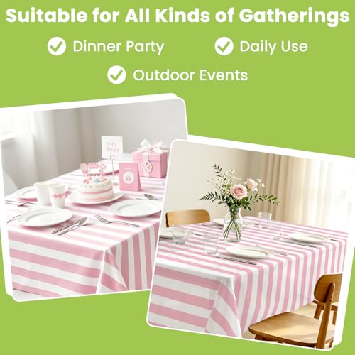 Pink and White Striped Tablecloth 54 x 108 Inch - 2 Pack, Rectangular Disposable Table Cover for Parties