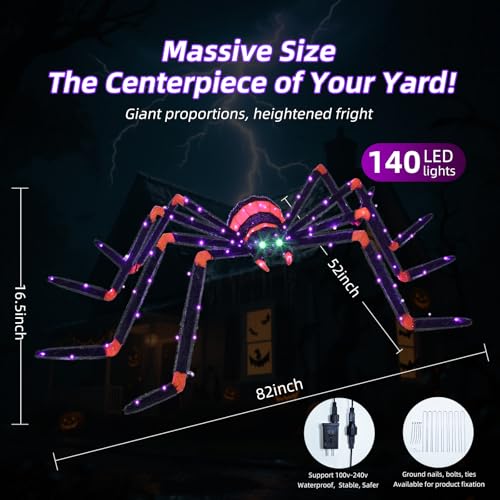 Giant Halloween Spider Decoration 6.8ft Lighted Outdoor Yard Decor with 115 LEDs - Black
