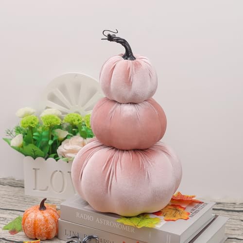 Pink Velvet Stacked Pumpkin Tower Fall Halloween Thanksgiving Home Decor - 12 Inch