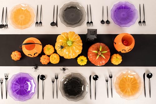 Halloween Spider Web Plastic Plates Set - Black with Gold Glitter, 60PCS