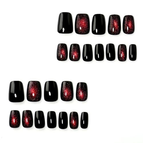 Press-On Nails Short Square Cherry & Black Red Cat Eye Design - 24pcs, Reusable Gel, Easy Application