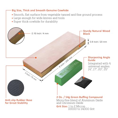 Leather Strop Kit with Green Honing Compound & Angle Guide - 8x3 Inches - Variation of Leather Strop with Compound