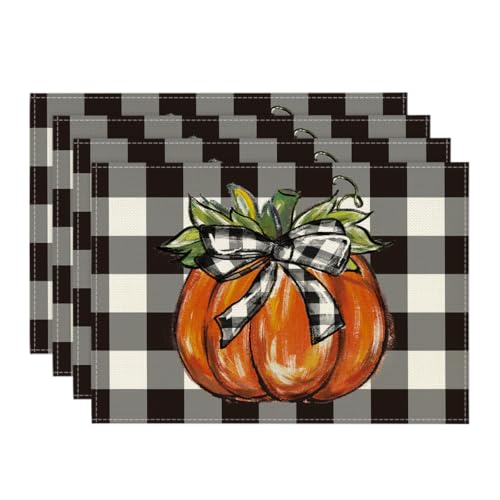 Buffalo Plaid Pumpkin Fall Placemats Set of 4 - 12x18 Inch Autumn Table Decor - Black and Orange