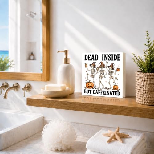Dead Inside But Caffeinated Wooden Box Sign - Multi-Color Halloween Decor