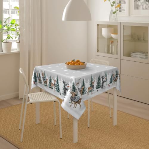 Reindeer Snowman Grey Square Tablecloth 54x54 Inch Water-Resistant Washable Winter Decor