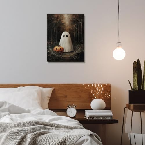 Halloween Ghost Pumpkin Canvas Wall Art - 11x14 Inch Spooky Home Decor