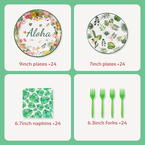 Hawaiian Party Tableware Set for 24 Guests - Luau Decorations, Plates, Napkins & Forks