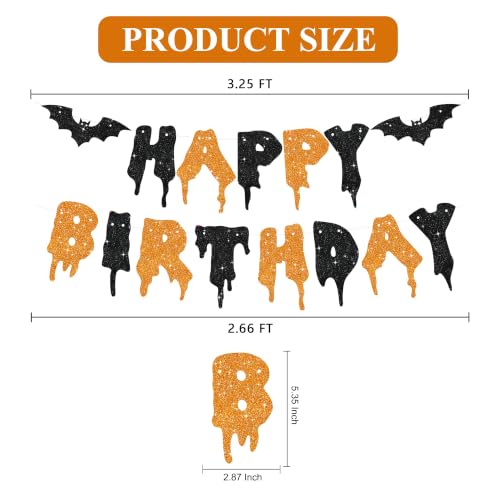 Halloween Banner Decorations - Glitter Happy Birthday Banner with Dripping Blood & Bat Design - Black & Orange - No DIY
