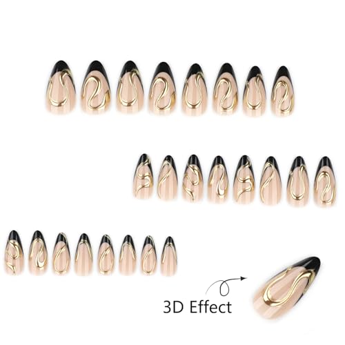 Black French Tip Press On Nails Almond Stiletto - Nude Glossy Fake Nails A07-Black