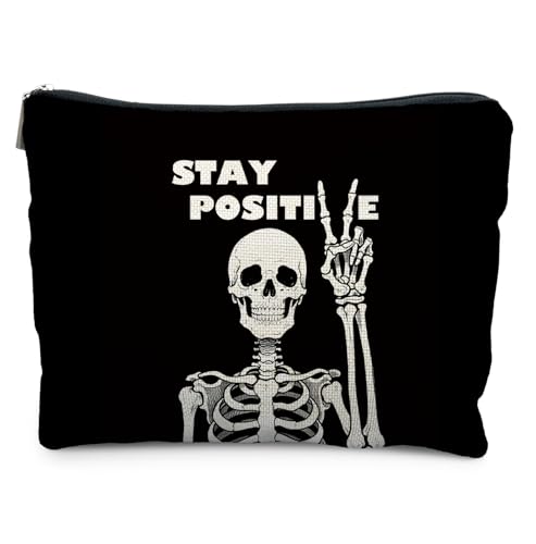 Inspirational Gothic Skeleton Makeup Bag for Women - Positive Skull Cosmetic Pouch with Zipper - Black & White