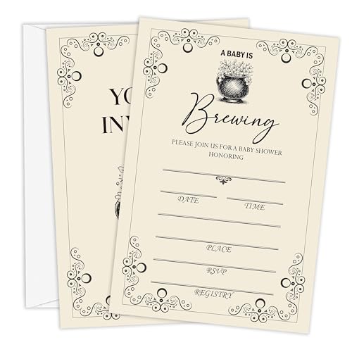 Halloween Baby Shower Invitations for Boys Girls - 'A Baby Is Brewing' Variation, 25 Pack 4x6 with Envelopes
