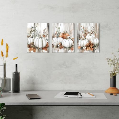 Set of 3 Fall Pumpkin Wall Art Rustic Canvas Prints Farmhouse Thanksgiving 12x16 - Pumpkin