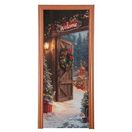 Welcome Christmas Door Cover - Stretch Fabric Porch Decor 35x79 Inches - Holiday Doorway Decoration