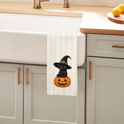 Halloween Witchy Black Cat Pumpkin Kitchen Hand Towels 16x24 Inch - Variation of Black Cat