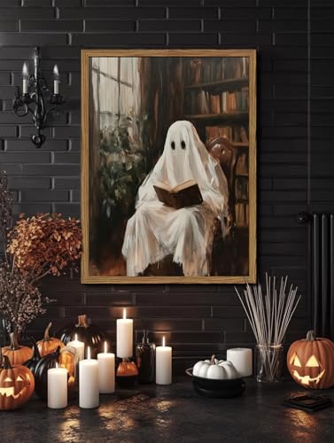 Halloween Ghost Wall Art - Framed Reading Book Canvas, Gothic Moody Library Scene, 24x16 Inches - Variation: Library Ghost