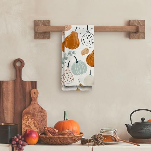 Fall Kitchen Towels with Pastel Pumpkin & Maple Leaf Design - Color 7, 16x24in