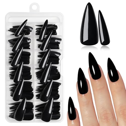 Black Long Stiletto Press On Nails Kit - 120pcs False Nails with Glue & Tools