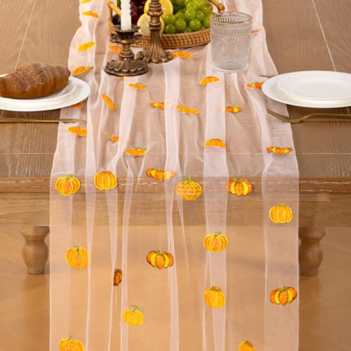 Pumpkin Embroidered Fall Table Runner 120 Inch - Set of 1, Tulle Decor