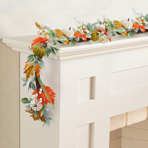 Autumn Fall Garland for Mantel 6ft Pumpkin & Maple Leaf Decor Indoor Outdoor