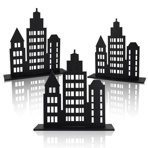 3pcs Wooden Skyscraper Party Decorations Black - Urban Skyline Centerpieces