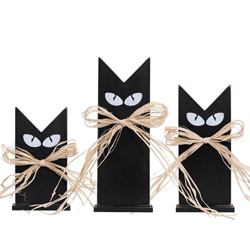 Set of 3 Rustic Wooden Black Cat Halloween Decor – Tiered Tray Farmhouse Accents