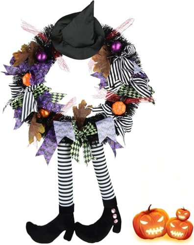Halloween Wreath with Witch Legs and Black Hat for Front Door - Spooky Halloween Decor