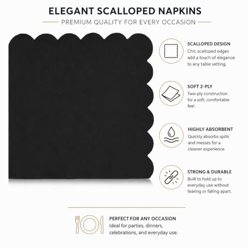 Black Cocktail Napkins 60 Pack - 5x5 Inch Scalloped Disposable Party Napkins - Wuvolution