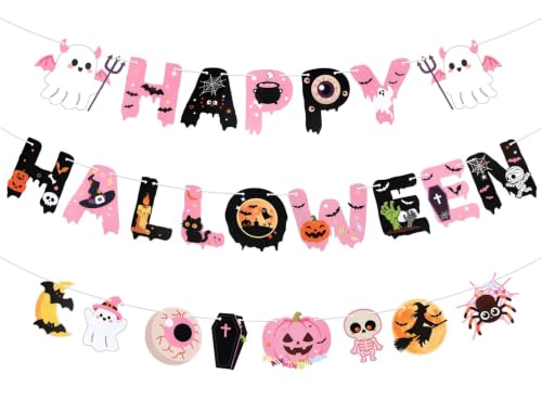 Pink Halloween Banner Set - Reusable Hanging Decorations for Parties