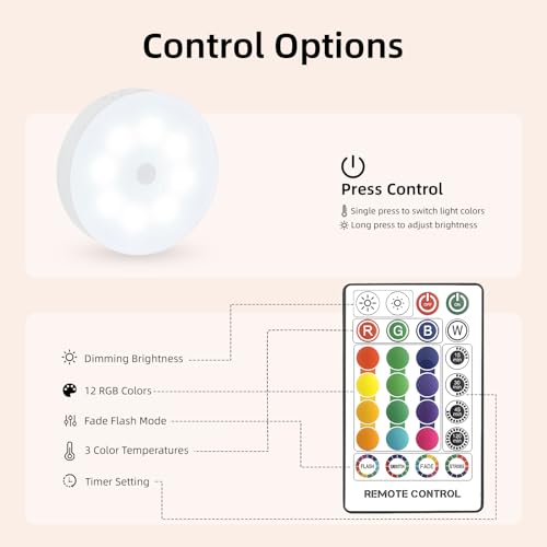 Rechargeable LED Puck Lights with Remote Control 16 Colors, Dimmer & Timer - 6 Pack