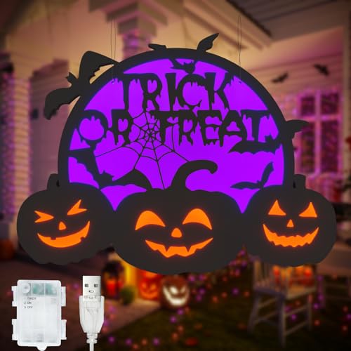 Purple Halloween Pumpkin Lights LED Jack O Lantern with Moons & Web - USB/Battery Powered