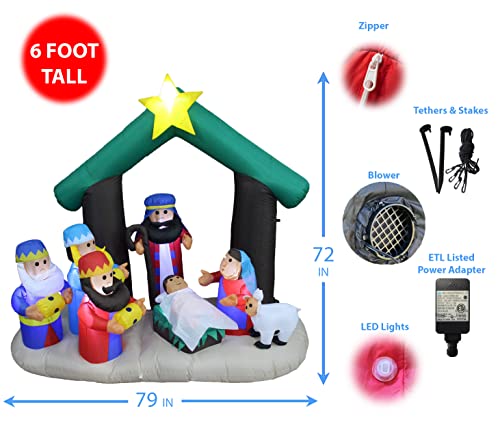 6 Ft Inflatable Nativity Scene with Three Kings Sheep & Cattle – Christmas Holiday Yard Decor