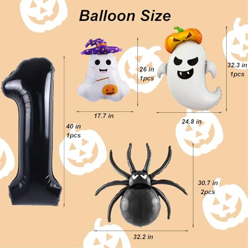 Halloween Balloons Set - 5 Pcs Ghost, Spider, Pumpkin & Number 1 Decorations - Black & Purple Theme