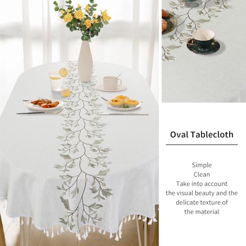 Oval Embroidery Tablecloth 60x102 Inch with Tassels - Natural Microfiber Dust-Proof